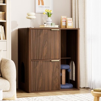 FOREOCELIV Cat Litter Box Enclosure Hidden Furniture Table w/ Cat Tree Walnut
