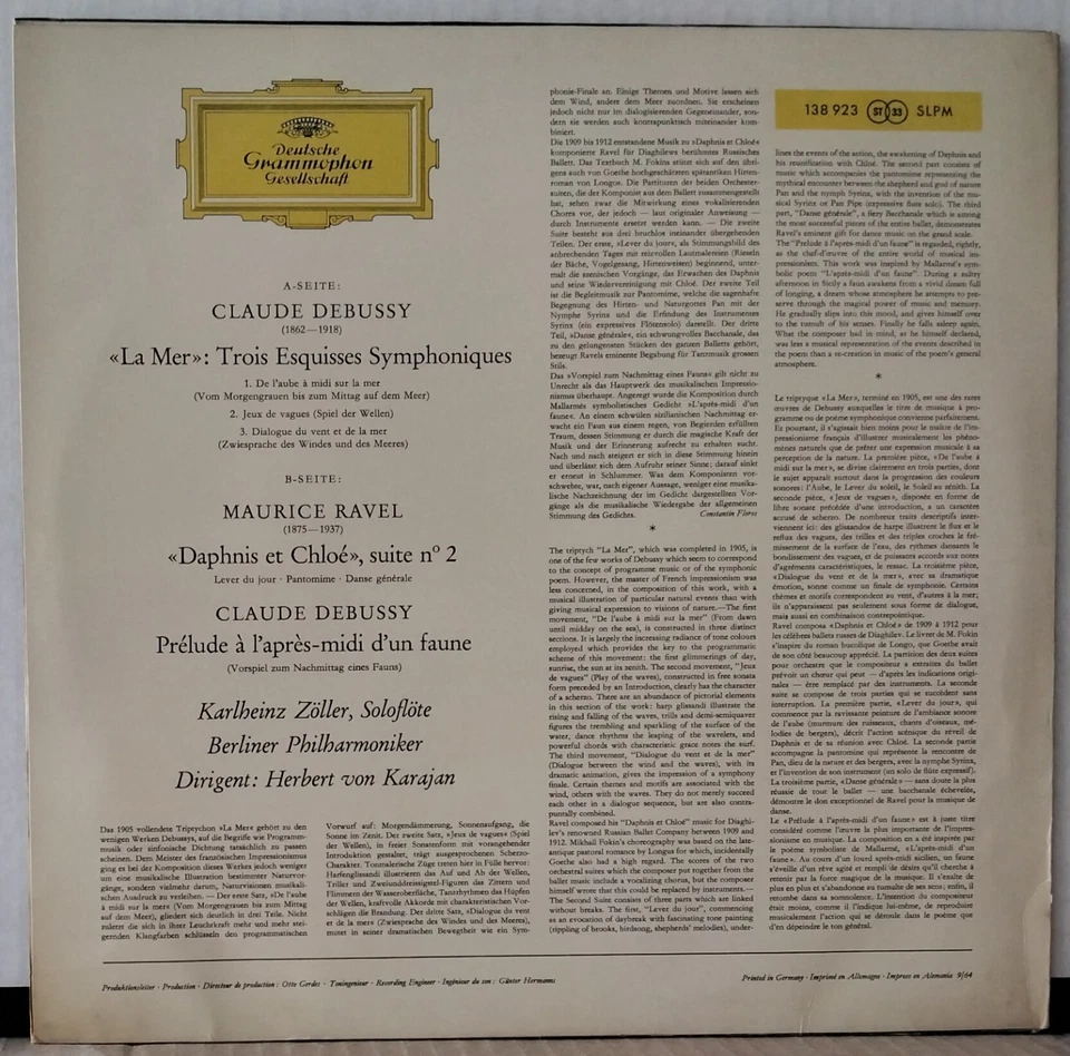 DG 138 923 SLPM DEBUSSY, RAVEL, KARAJAN La Mer, Daphnis Et Chloe Germany ED 1 LP - Image 2 of 3