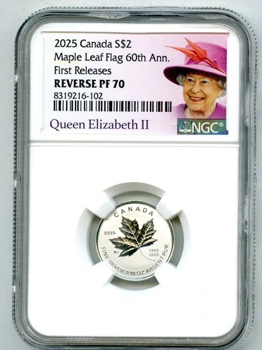2025 $2 1/10 OZ SILVER CANADA MAPLE LEAF FLAG 60TH NGC PF70 QUEEN ELIZABETH - FR