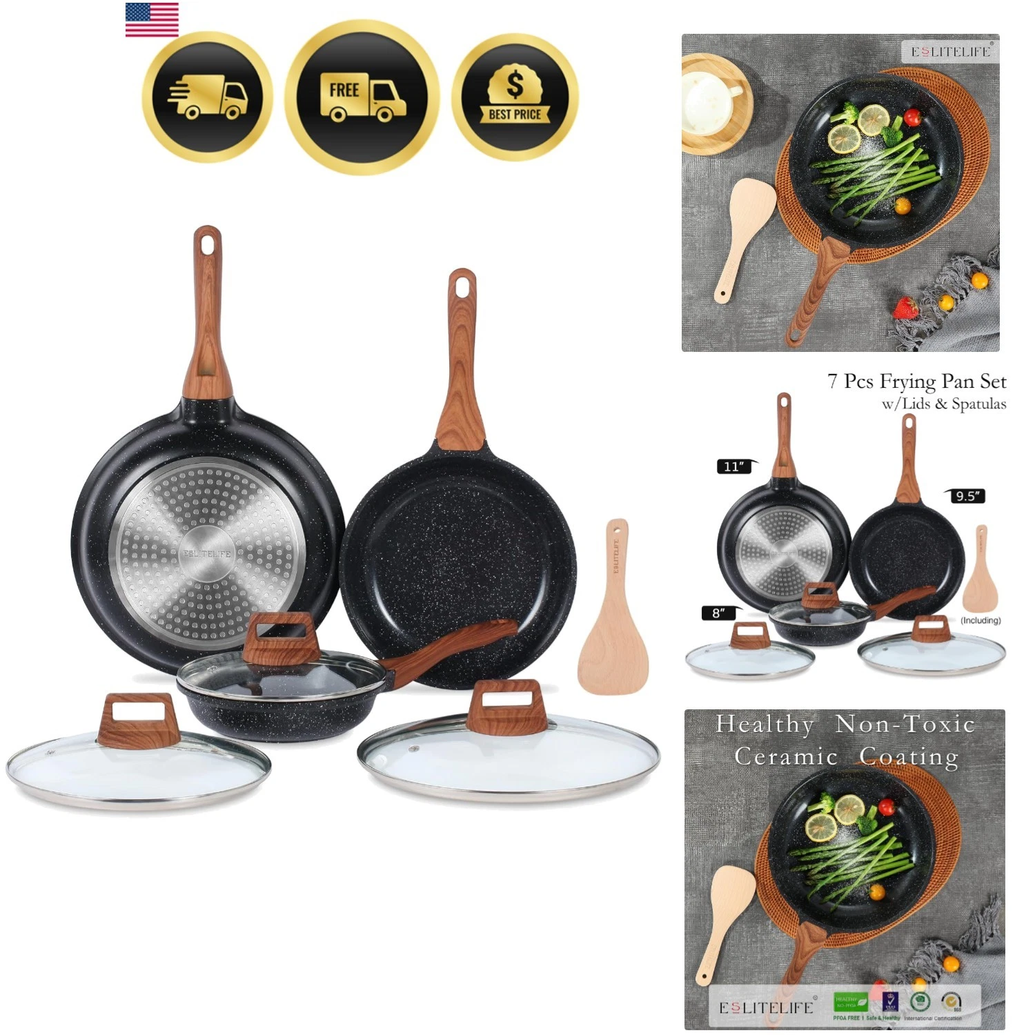 Nonstick Ceramic Frying Pans Skillets Set with Lids, Non-Toxic Egg Omelette K...