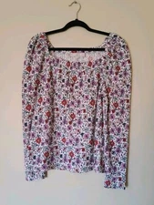 Loft Cottagecore Floral Top Ruched Puffed Shoulders Square Neck Top Sz M Blouse