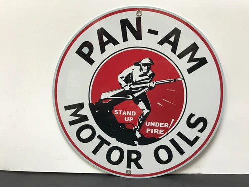 PAN AM oil man cave racing gasoline vintage round metal sign