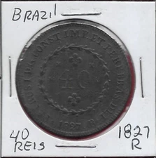 BRAZIL 40 REIS (2 VINTENS)1827-R EMPEROR PETER I LIBERATOR,BOUGHS FLANKING CROWN
