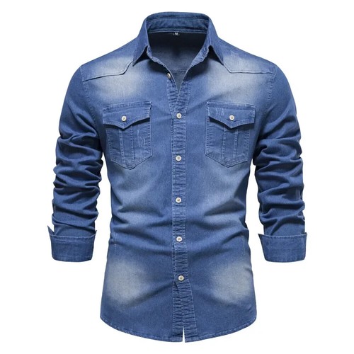 Men's Elastic Cotton Denim Shirt Long Sleeve Cowboy Casual Slim Fit Quality - Picture 24 of 28