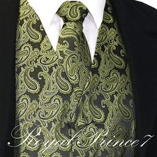 Olive Green Men's Paisley Tuxedo Suit Dress Vest Waistcoat  Neck tie wedding