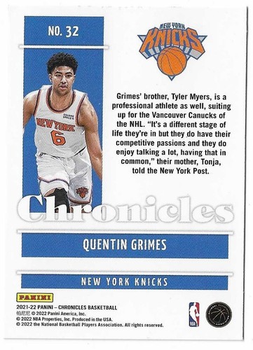2021-22 Panini Chronicles Quentin Grimes Rookie Card #32 New York Knicks RC - Picture 2 of 2
