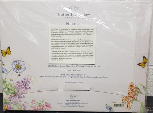 Set of 4 Hard Placemats With Cork Back (12" x 16") BUTTERFLIES & FLOWERS, Lenox - Picture 11 of 12