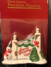 SEASONS GREETING HAND PAINTED PORCELAIN  FIGURINE  VILLAGE SIGN OR GATE