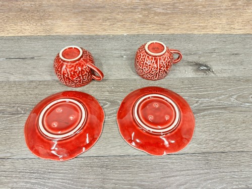 1950s Secla Majolica Portugal Secla Deep Red Cabbage Leaf Cup & Saucer Set Of 2 - Picture 8 of 11