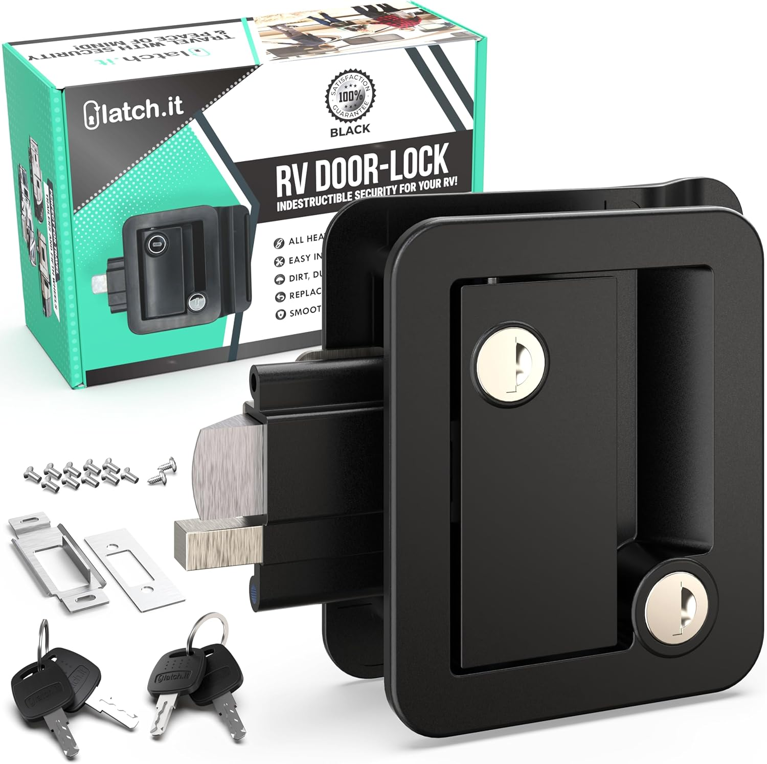 LATCH.IT Black RV Door Lock Replacement | RV Door Locks | RV Door Handle W/ 4 Ke