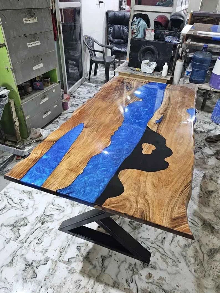 Blue Epoxy Resin Dining Table Top, Epoxy Wooden Live Edge Counter Top, Decor - Image 4 of 4