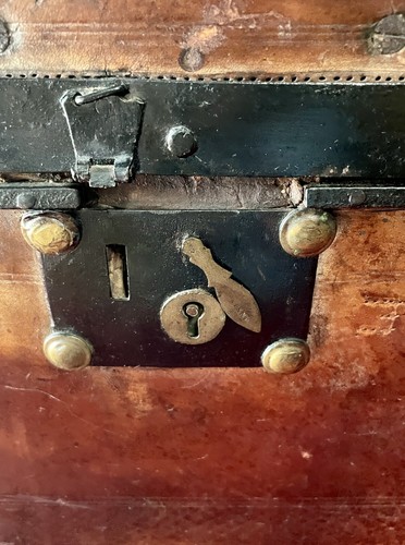 Antique LEATHER Wood Trunk, Storage Chest & Stool on Wheels - Picture 8 of 11