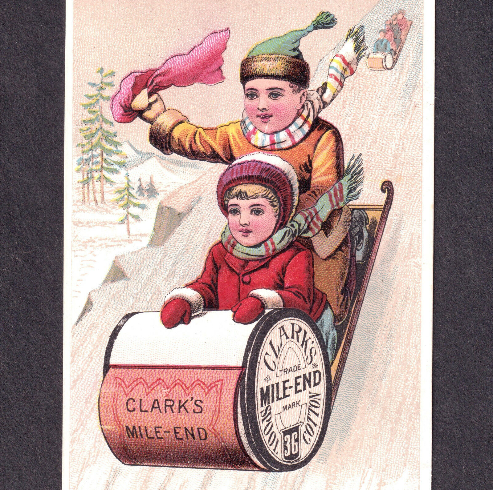 Clarks Sewing Thread Winter Toboggan Sled Comic Scarcer old Victorian Trade Card