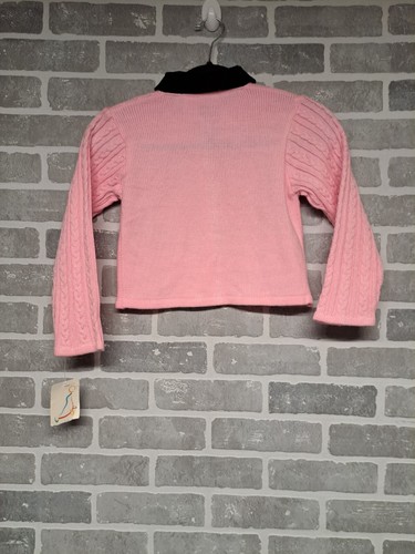 Vintage b.t. Kids Cable Knit Pink Black Neck Girls Cardigan Sweater Size 6 NWT - Picture 2 of 10