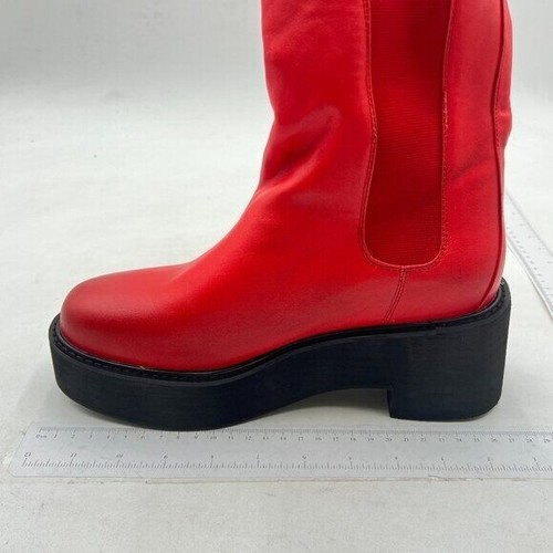 Red Women's Chic Round Toe Chunky Heels Comfy Pull On Platform Mid Calf Boots - Picture 3 of 6