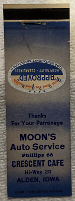 Vintage Matchbook Cover! Moon s Auto Service! Alden, Iowa! Oc1524