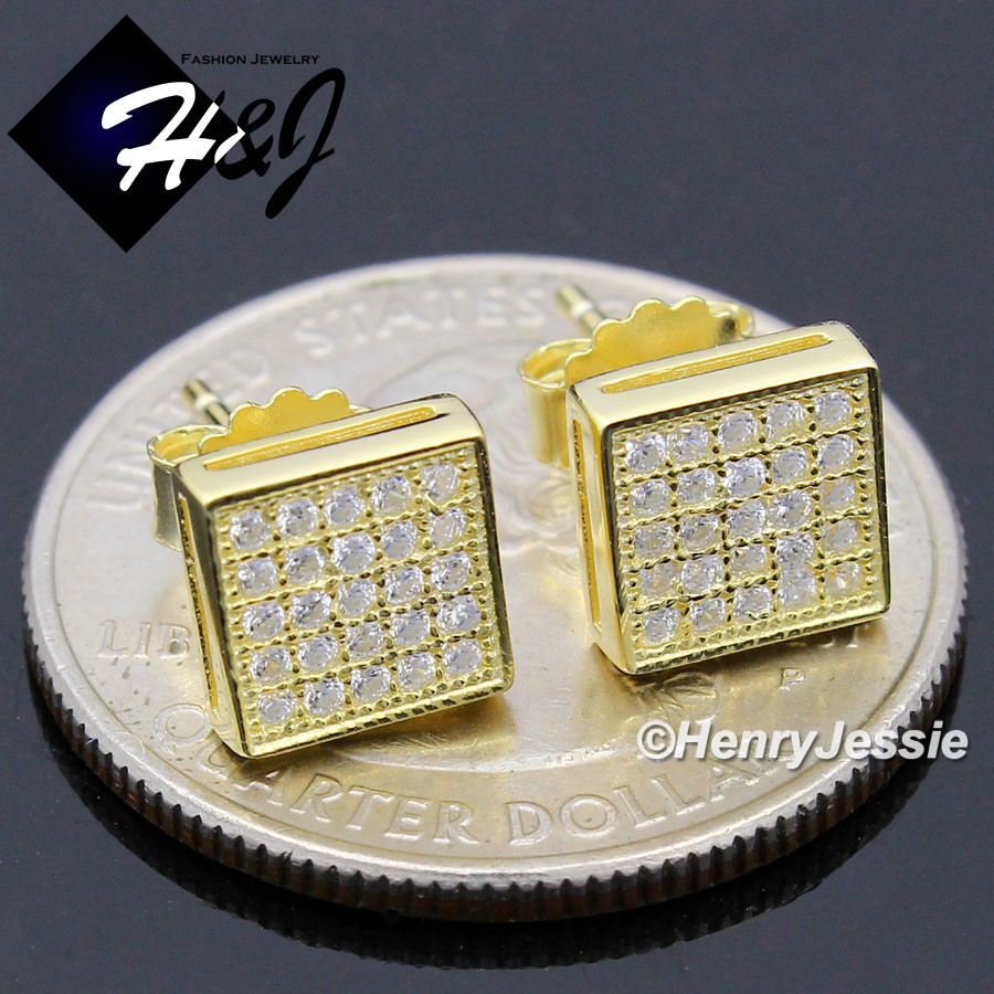MEN 925 STERLING SILVER ICY CUBIC ZIRCONIA 3D 7MM GOLD PALTED STUD  EARRING*GE168
