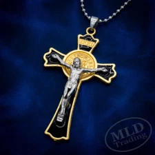 Gold Saint Benedict Cross Crucifix Necklace, 3" Pendant, Silver Jesus, 28" Chain