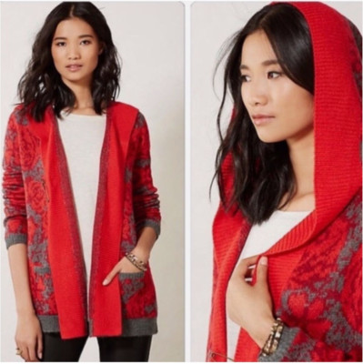 Anthropologie Sparrow Maraschino Floral Hooded Cardigan Sweater S Red Roses Grey