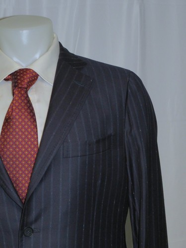 Isaia Super 140 Timeless Dotted Navy Blue Striped Current Two Button Suit 44L - Picture 5 of 19