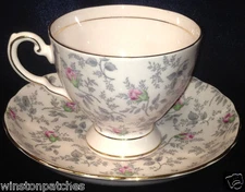 ROYAL TUSCAN ENGLAND 9296H CUP & SAUCER 6 OZ PINK WITH GREY LEAVES & PINK ROSES