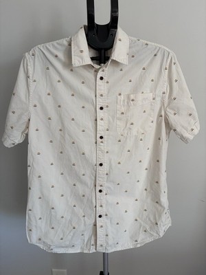 Katin Men s Button Up Shirt Medium Cream Sunset Print Short Sleeve Surf Casual