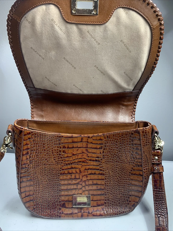 BOLSO DE MANO BRAHMIN SONNY TOFFEE ROCKDALE TEJIDO ACCTS CUERO MARRÓN BORLA USADO Foto 3 de 4