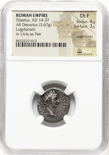 Tiberius AD 14-37 Silver Tribute Penny 4/5 AR Denarius Coin Roman Empire NGC ChF - Picture 2 of 6