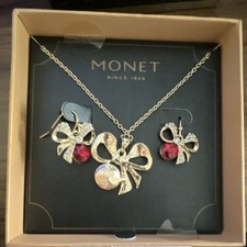 Monet Bow Jewelry Set Necklace  Earrings Gold Red Round Stones