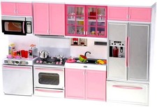 Doll Kitchen Play Set Mini Modern Toy Pink Kitchen Pretend Play Furnitures Toy