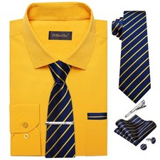 Mens 2-Piece Casual X-Large Long Sleeve Solid Business Shirt and Tie Set, Yel...