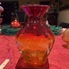 Incredible BLENKO Red to Tangerine 8.5” Amberina Optic Rib Vase. Ex Cond & GLOW