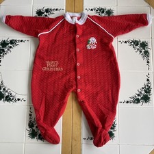 Vintage Baby  s First Christmas Sleeper 12M Red Bubble Romper Embroidered Snap