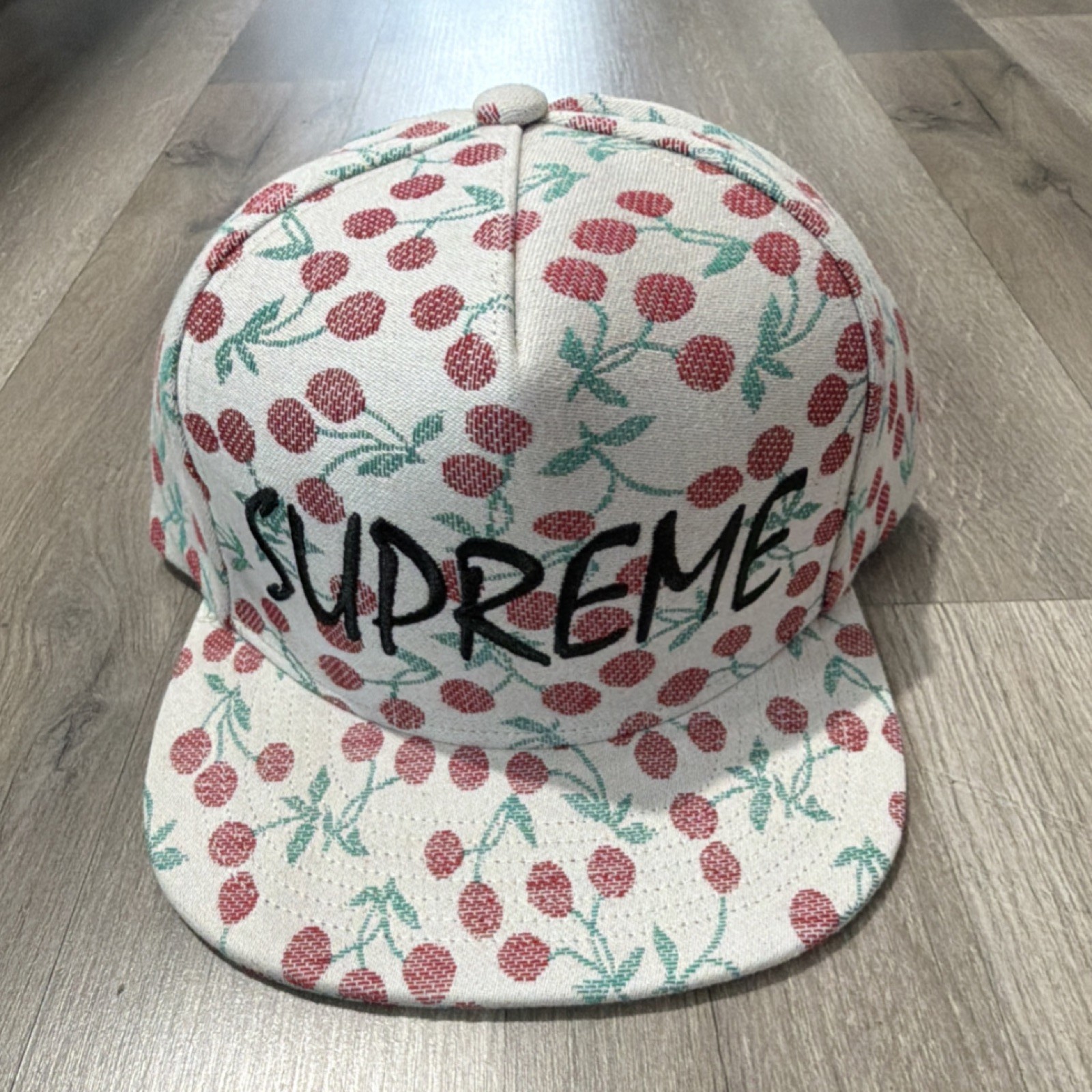 Supreme Cherry Print Snapback Adjustable Men's Hat One Size White Red Green