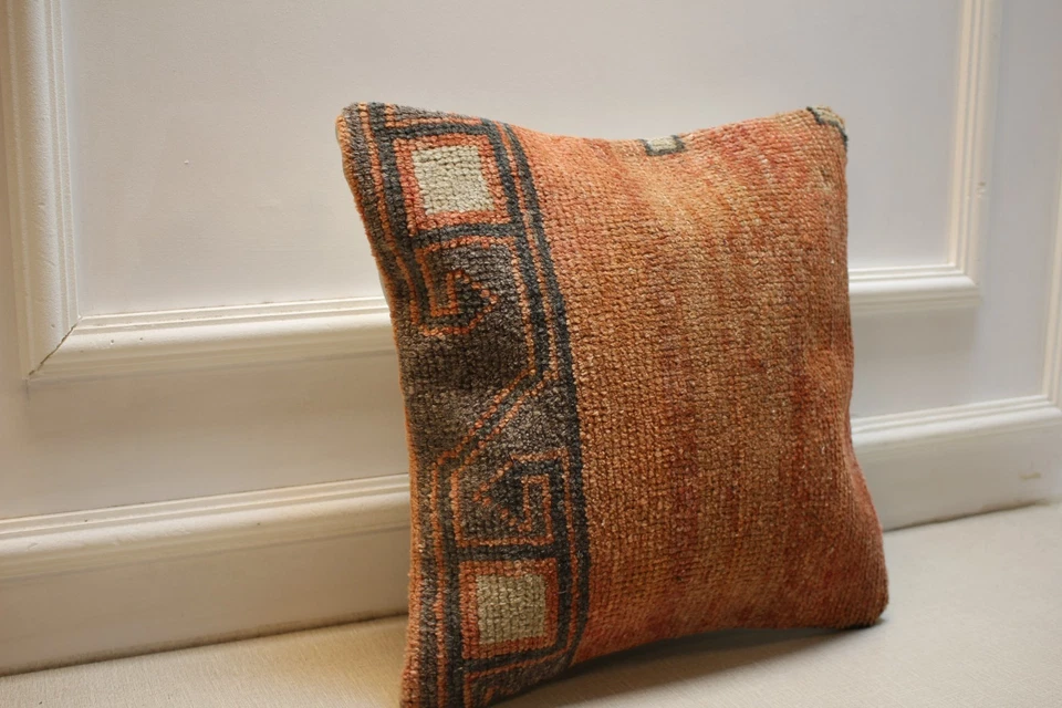 Vintage Turkish Kilim Pillow Cover 16x16 – Handmade Orange Brown Tribal Cushion - Image 4 of 4