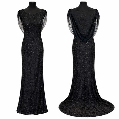 Vintage Jean De Lys Silk Beaded Gown Train Cowl Illusion Mermaid Sz 10 Formal
