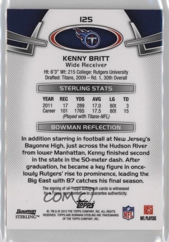2012 Bowman Sterling Auto Kenny Britt #125 Auto - Image 2 of 2