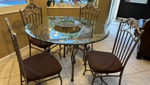 Round Glass Top Dining Table Set with 4 Metal Chairs & 3 Brown Stools