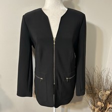 Chico  s Travelers Women Knit Jacket Black Gold Full Zip W Pockets Stretch Sz 10