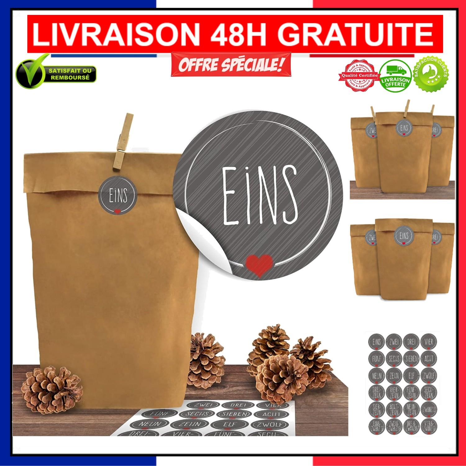 Calendrier de l'Avent Écologique : coffret cadeau de 24 sachets kraft à garnir