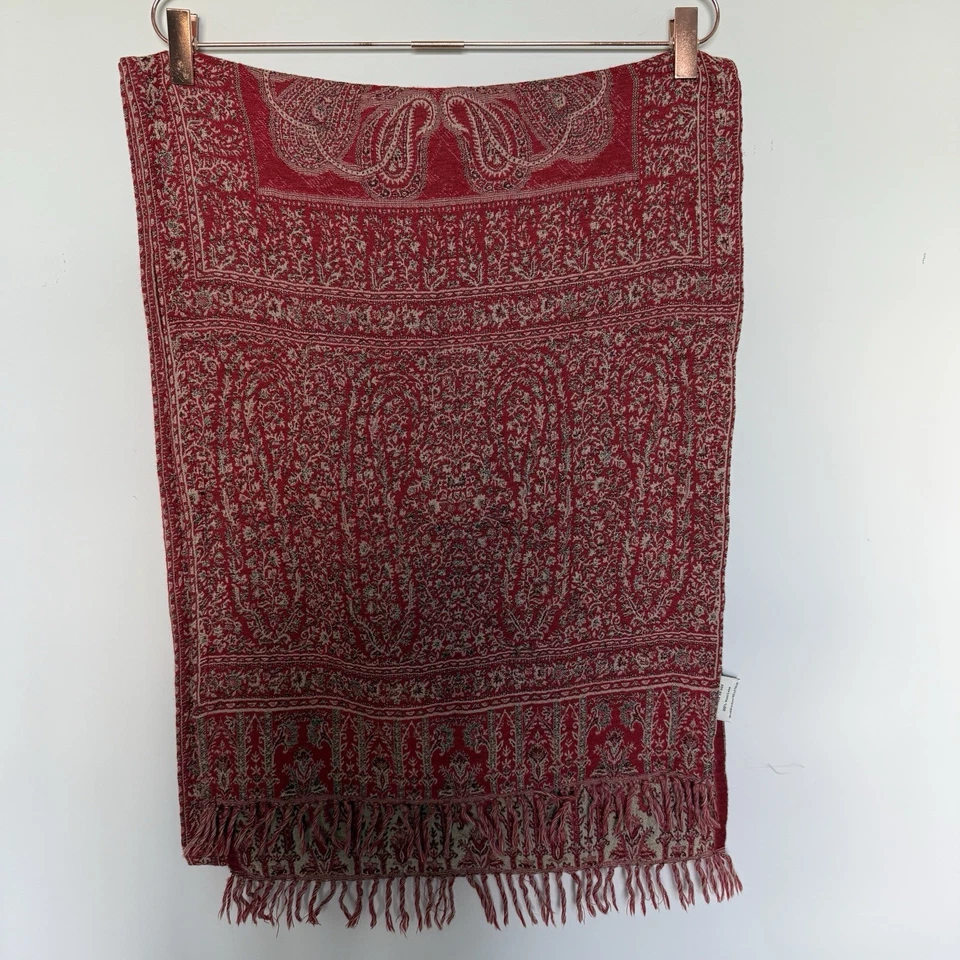 Pottery Barn 100% Wool Table Runner 18x108" Red Floral Paisley Fringe Home READ* - Image 3 of 4