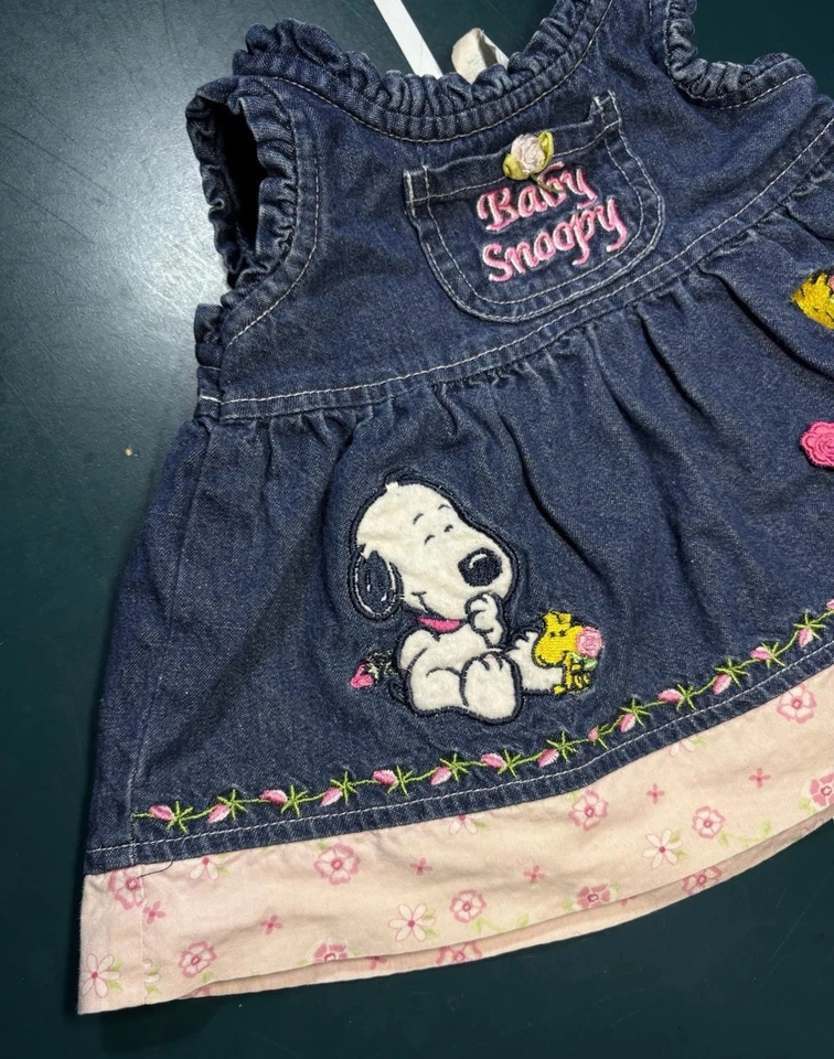 Vestido Mono Jean Floral Denim Vintage Bebé Snoopy Niña Infante 6/9 Meses Raro Foto 2 de 4