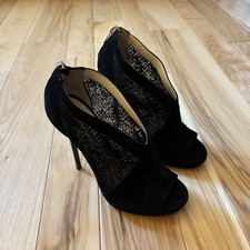 Jimmy Choo Vivid Black Suede Flocked Mesh Peep Toe Heels Size 36