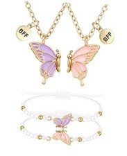 BFF Necklace and Bracelets for 2-Butterfly Friendship Pink Purple-Gold