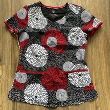 Healing Hands Purple Label Black Red Floral Scrub Top XS 2 Pocket Stretch Shirt