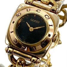GUCCI 6400L Quartz Gold Swiss Made Black Dial Womens Watch Vintage F/S Good