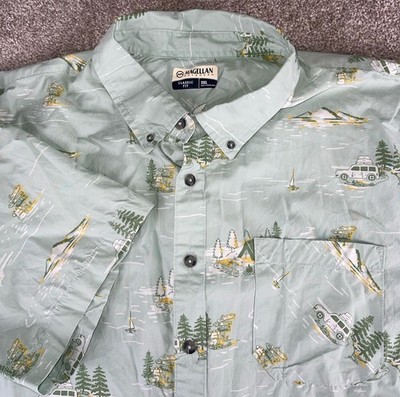 Magellan Fish Shirt 2XL Classic Green All Over Car/Camp Site Fire Print Wicking