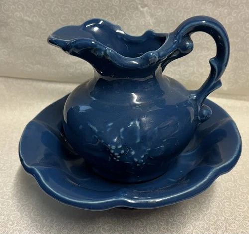 VTG McCoy USA Stoneware Pottery Blue Pitcher and Wash Bowl Basin Set