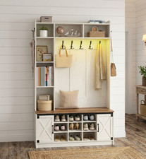 Hall Tree Coat Rack Shoe Bench LED Storage Cabinet 15 Cubes White Brown