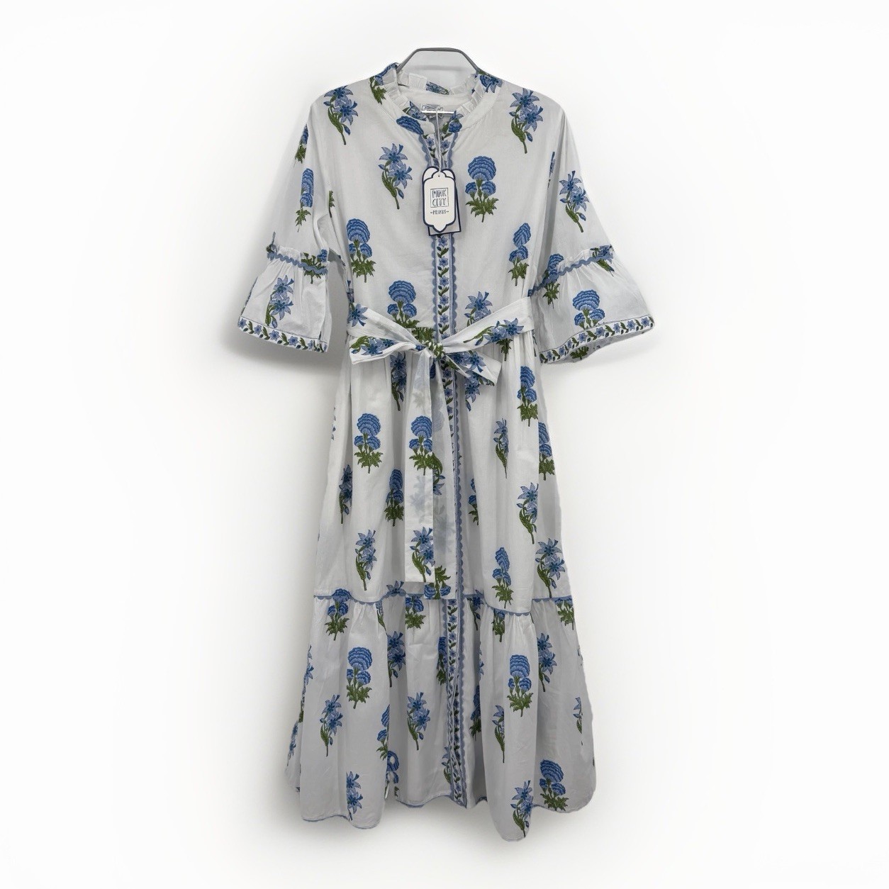 Pink City Prints Cobalt Lilly Panama Dress Size L Large Belted Cotton Maxi Shirt